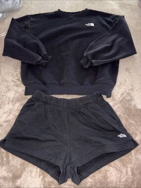 The North Face Black Crewneck Sweatshirt and Black Shorts Set